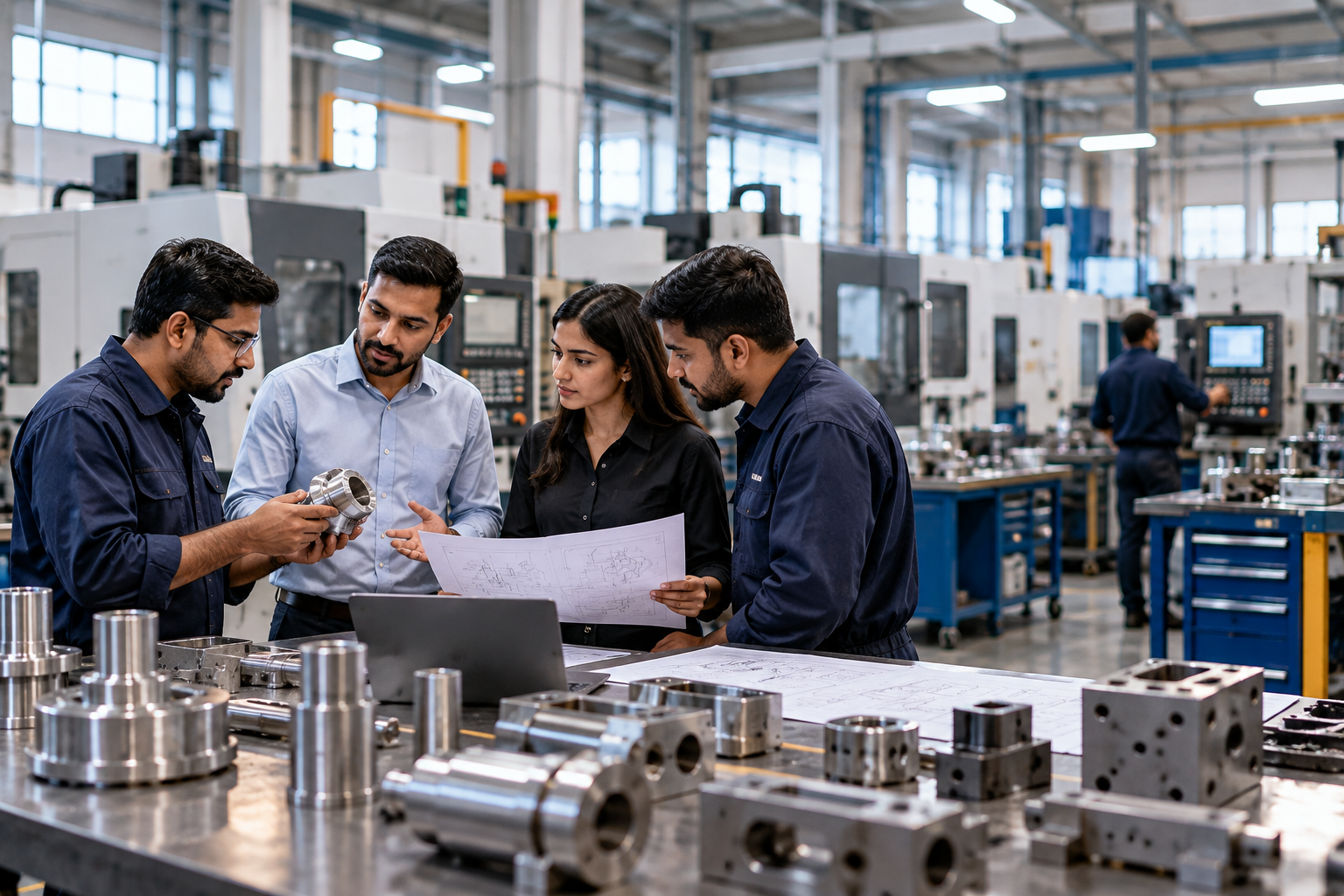 Alpha Grade Industries team reviewing precision-machined components and technical drawings in an industrial manufacturing facility